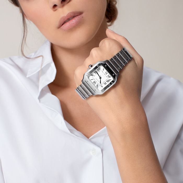 Santos De Cartier Watch Medium Model, Automatic Movement, Steel, Interchangeable Metal And Leather Bracelets Santos De Cartier Watch Medium Model, Automatic Movement, Steel, Interchangeable Metal And Leather Bracelets